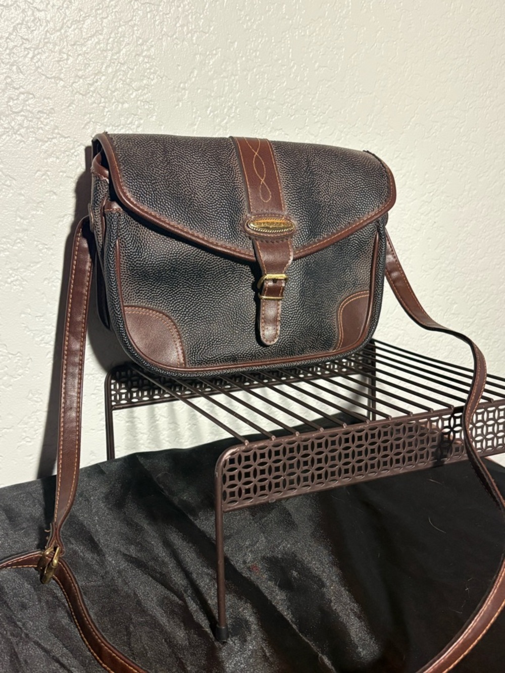 Vintage Liz Claiborne Brown Leather-Trimmed Black Crossbody Bag